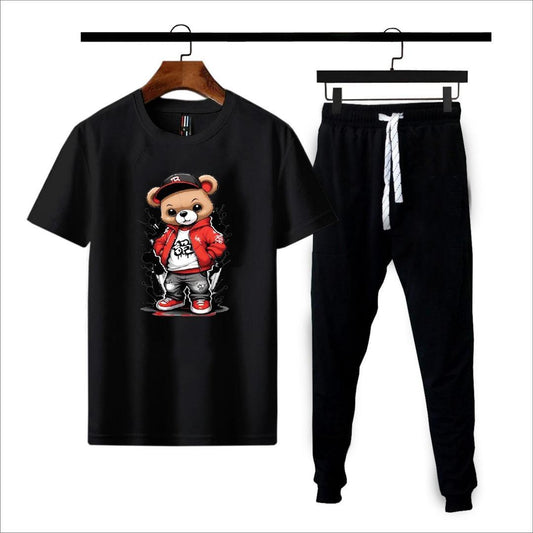Men's Polyester Printed Track Suit - 2 Pcs Set (T-Shirt & Trouser) in Black