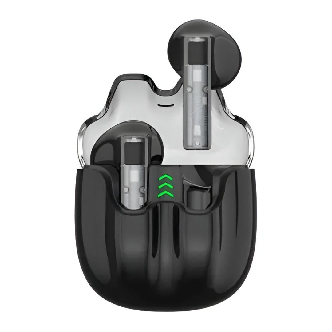 Black and silver electronic device with a green indicator on a white background