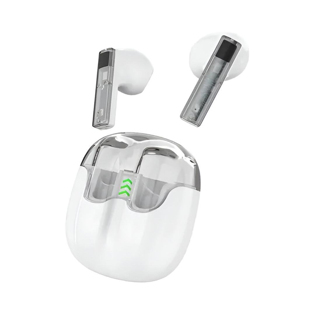 Wireless earbuds with charging case on a white background