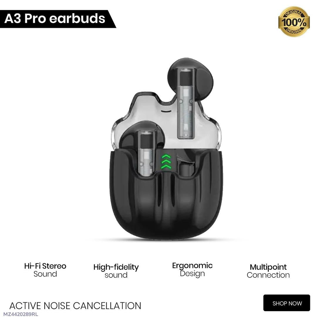 A3 Pro earbuds with charging case on a white background