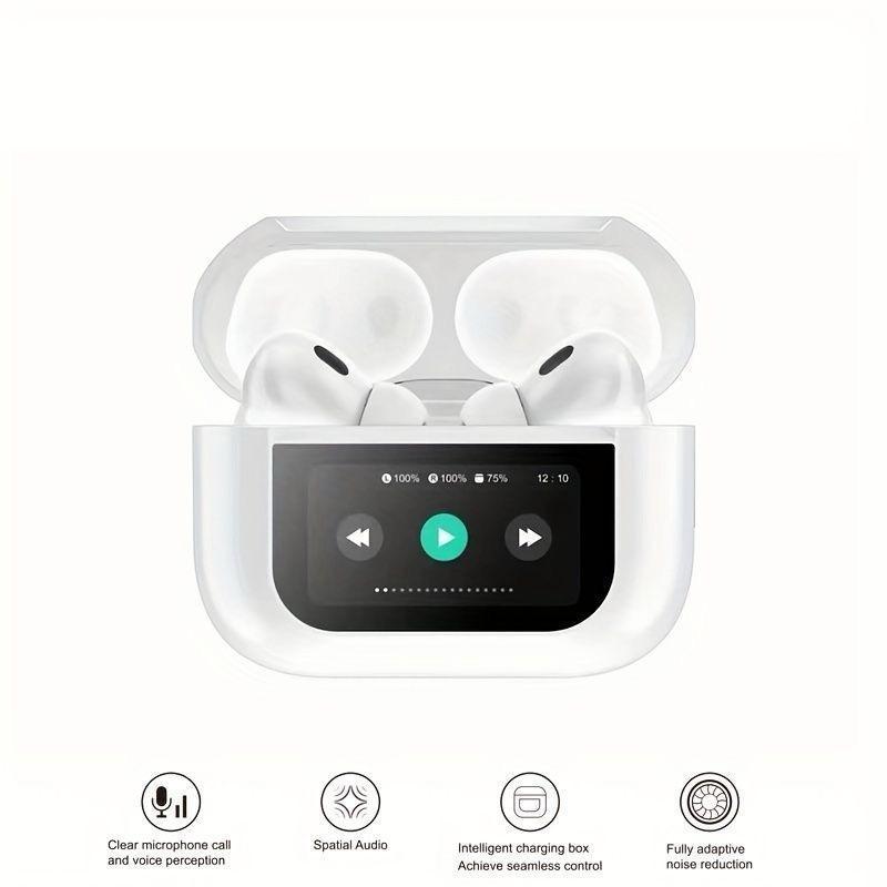 Wireless earbuds in a charging case with control display on a white background