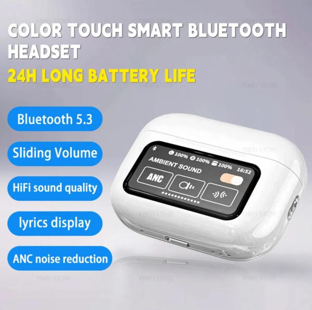 Color touch smart Bluetooth headset with display and features listed on a gray background