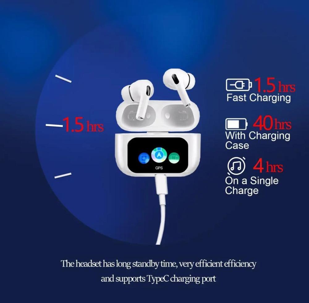 Wireless earbuds with charging case on a blue background, displaying charging times and features.