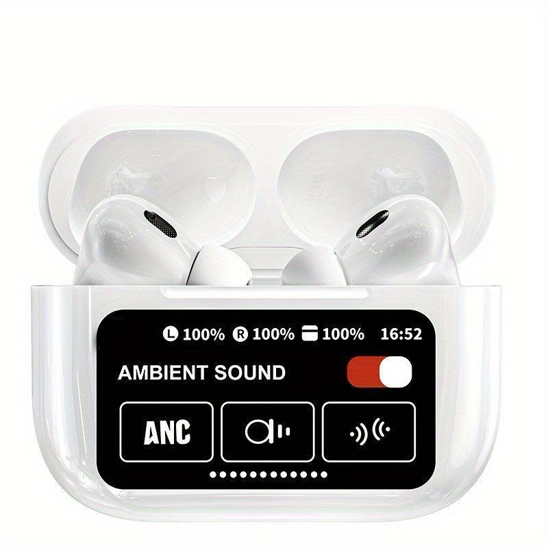 White wireless earbuds in a transparent charging case with display on a white background