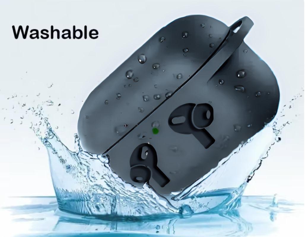 Black wireless earbuds with water splashes and 'Washable' text on a light blue background