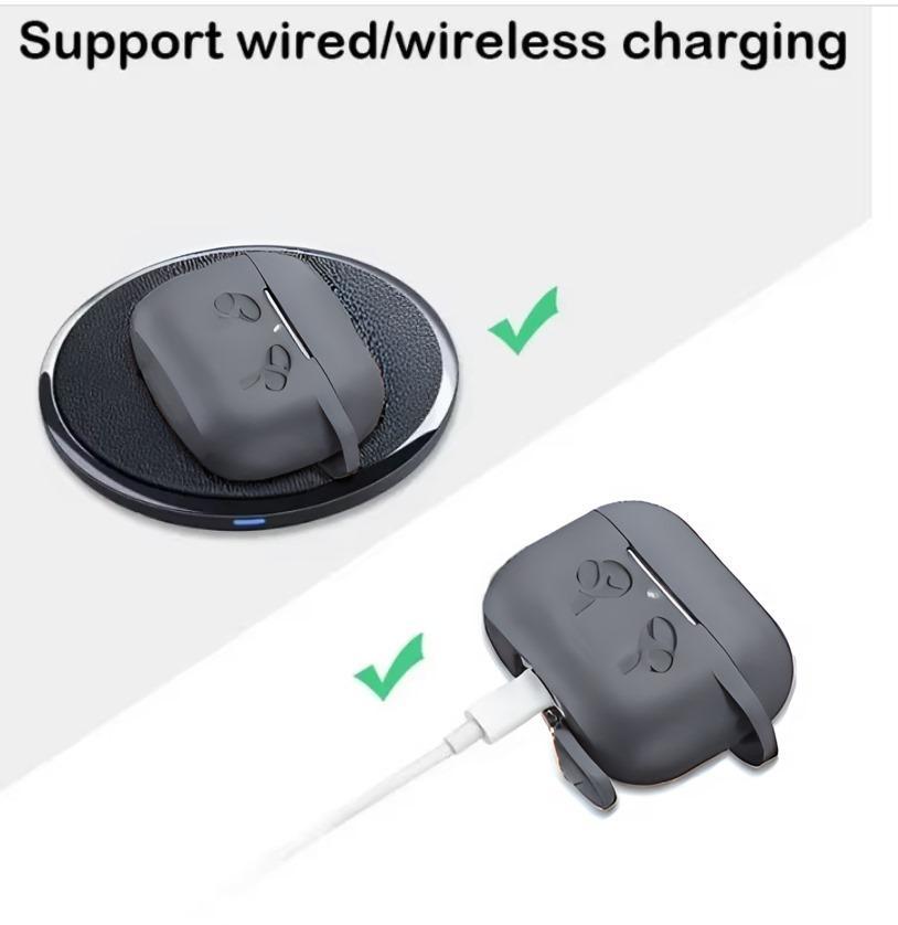 Gray wireless earbuds on a charging pad with a cable, labeled 'Support wired/wireless charging'.