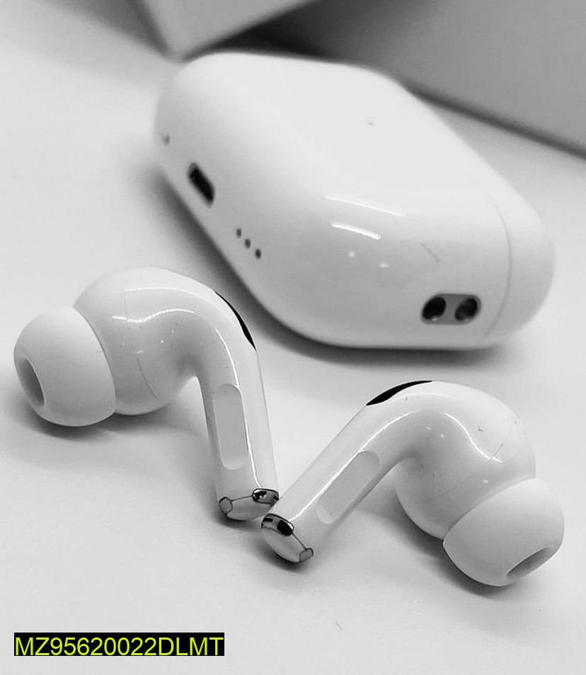 White wireless earbuds on a light gray. Airpods Pro 2 2nd genration with Active Noise Cancellation (ANC)