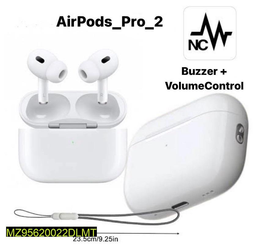 White wireless earbuds with charging case and control features.
