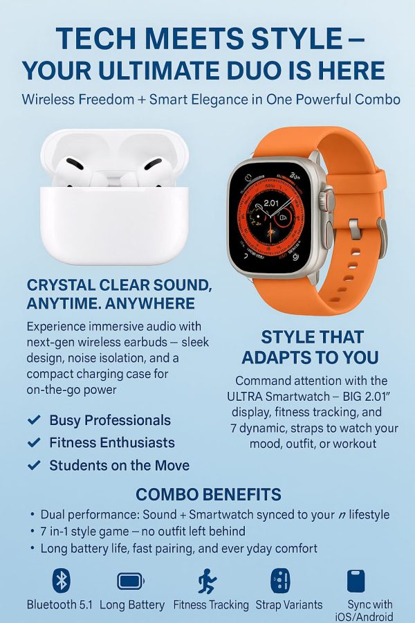 Wireless earbuds and smartwatch with promotional text on a light blue background