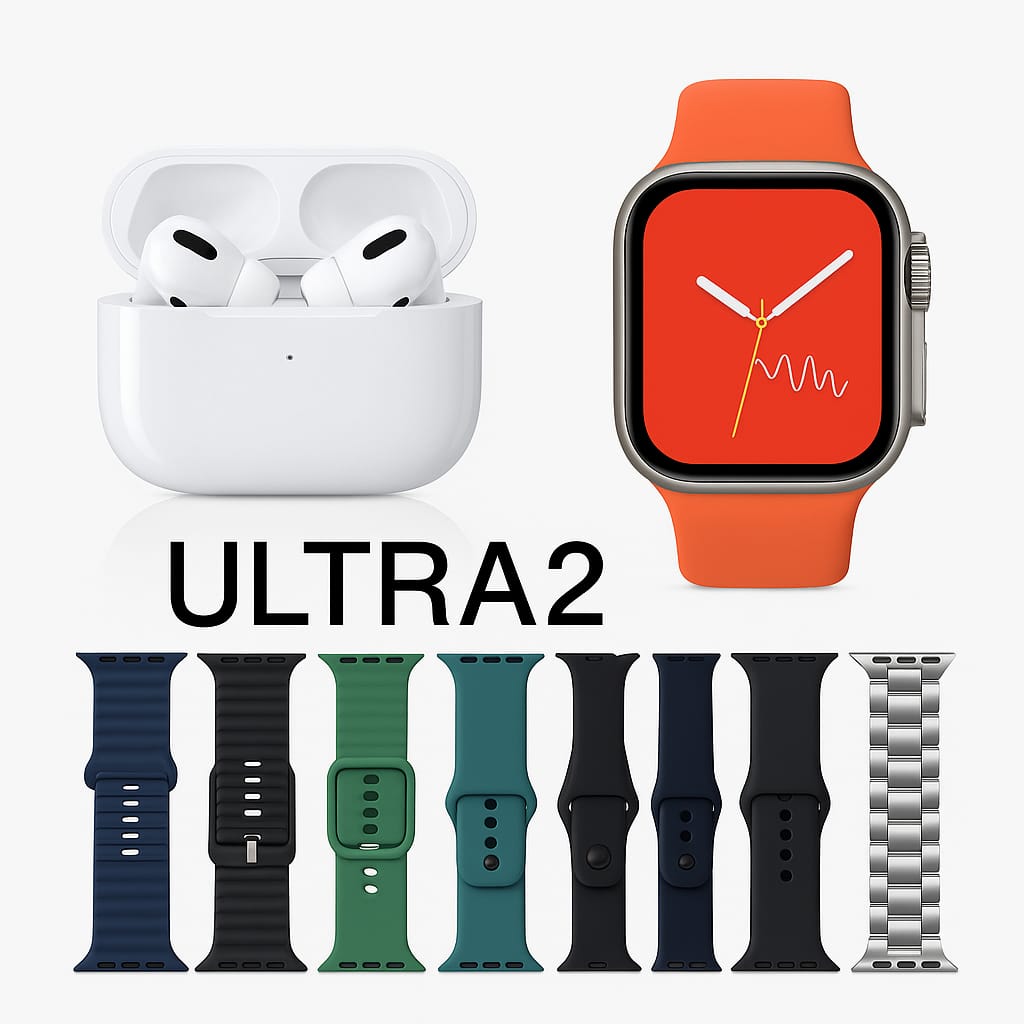 Smartwatch with orange band and airpods in white case on a white background