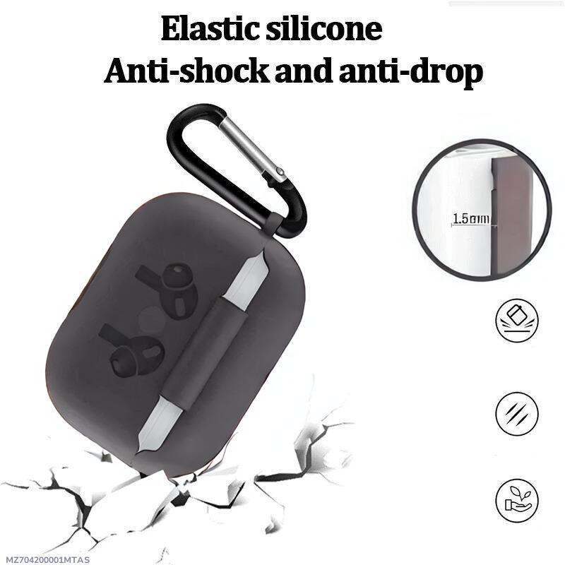 Black silicone case with carabiner for earbuds, showing anti-shock and anti-drop features.