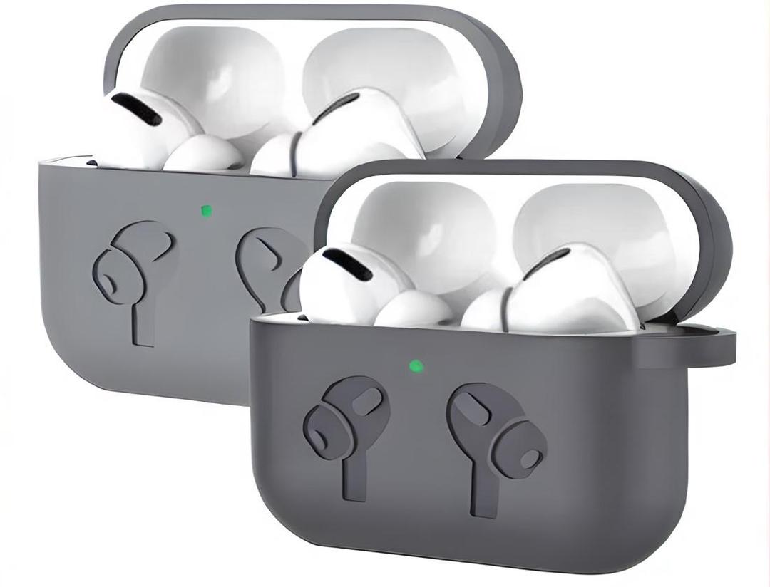 Gray wireless earbud cases with white earbuds on a white background