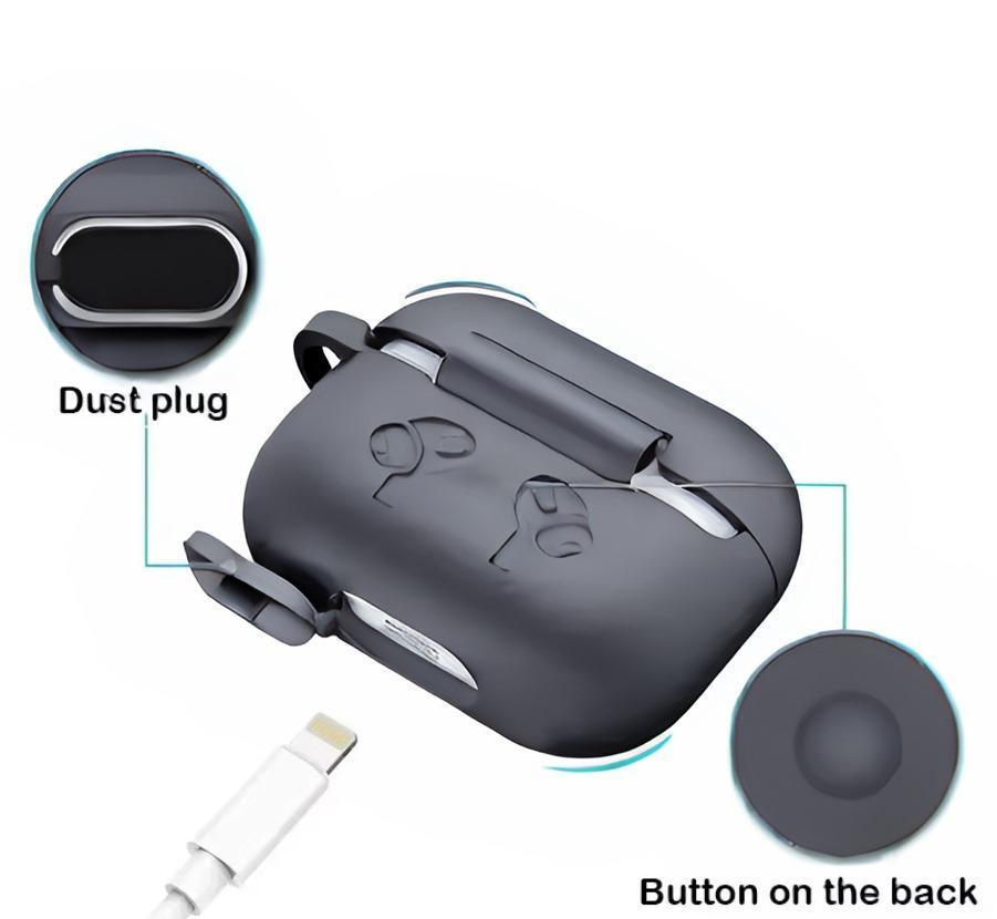 Gray electronic case with dust plug and button on the back, featuring close-up details.