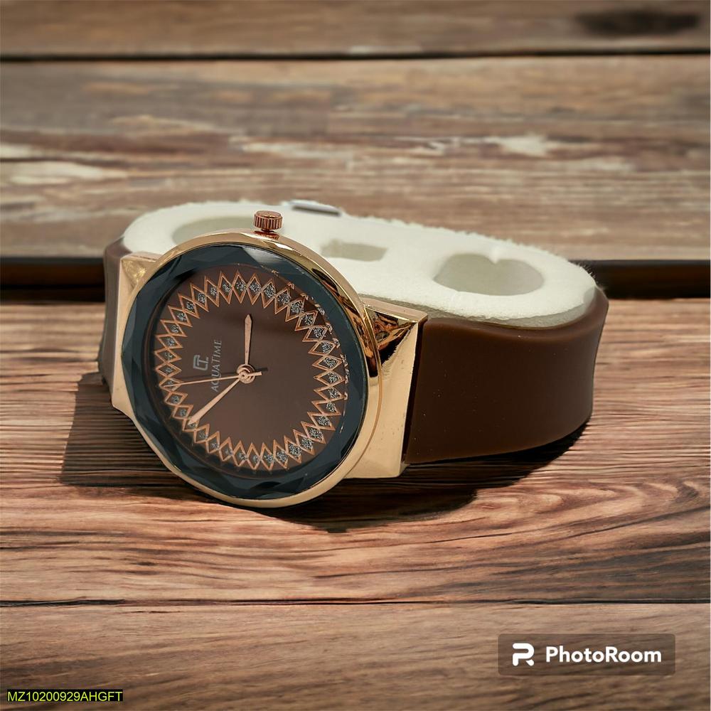 Wristwatch with brown leather strap and gold case on a wooden surface, branded 'PhotoRoom'.