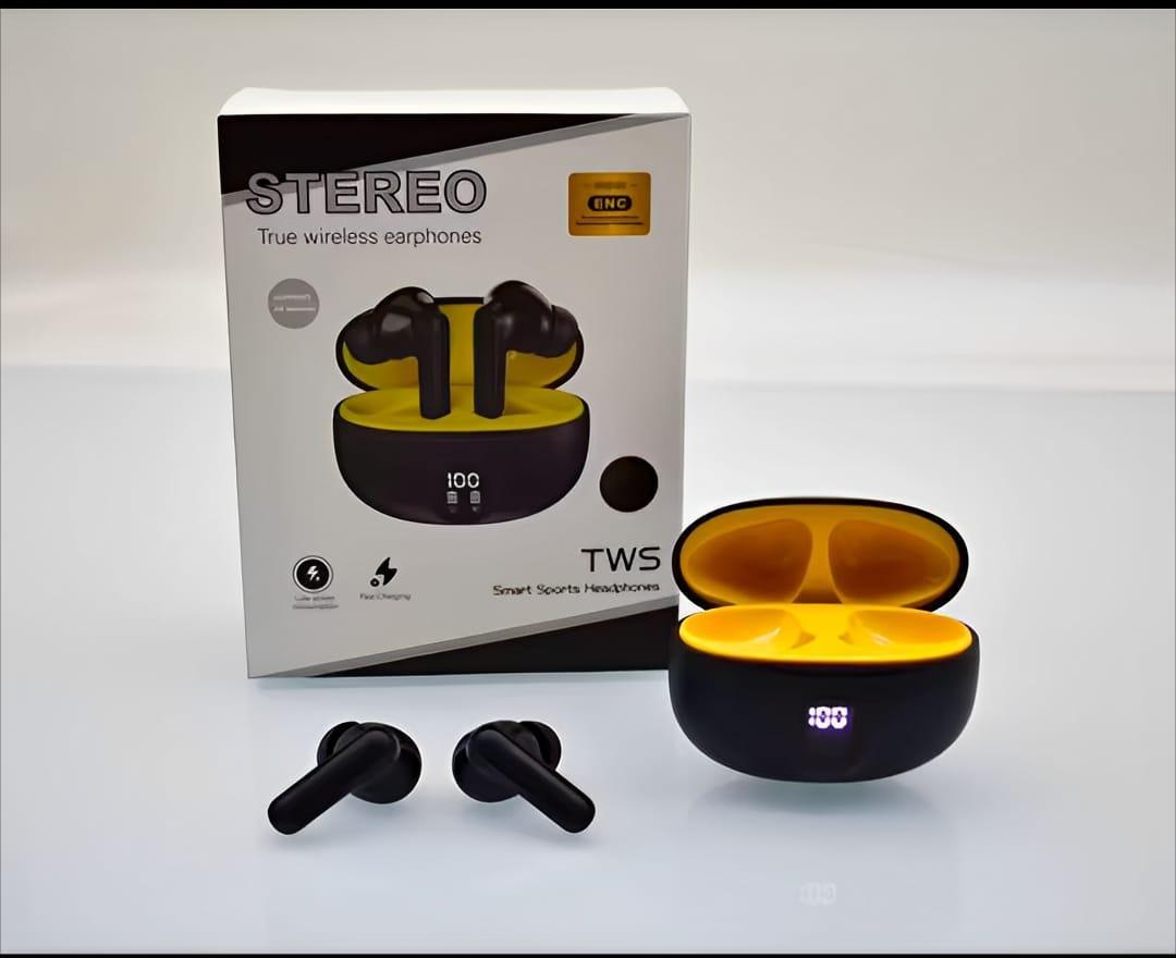 True wireless earphones with open charging case and packaging on a white background