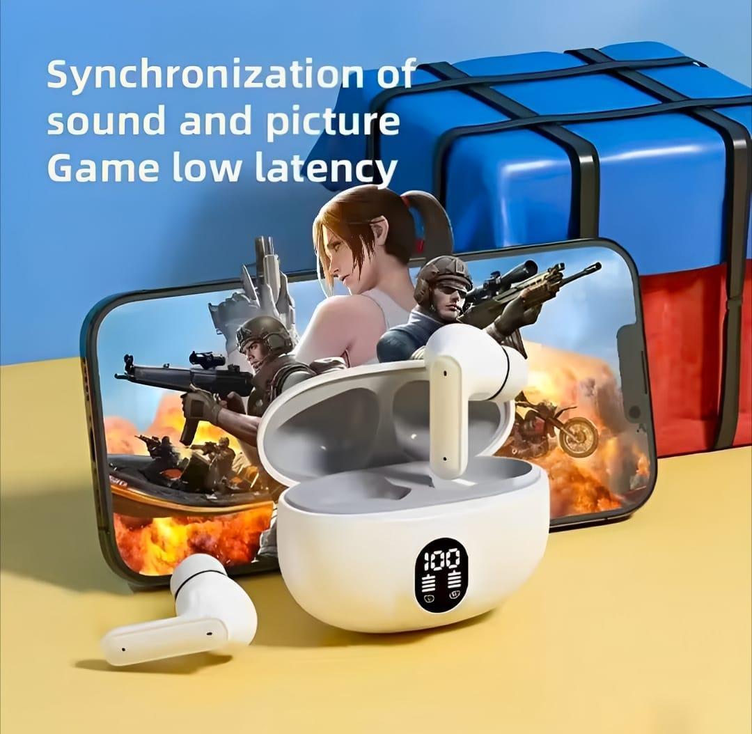 White earbuds with a smartphone displaying a game, synchronization text on a blue background