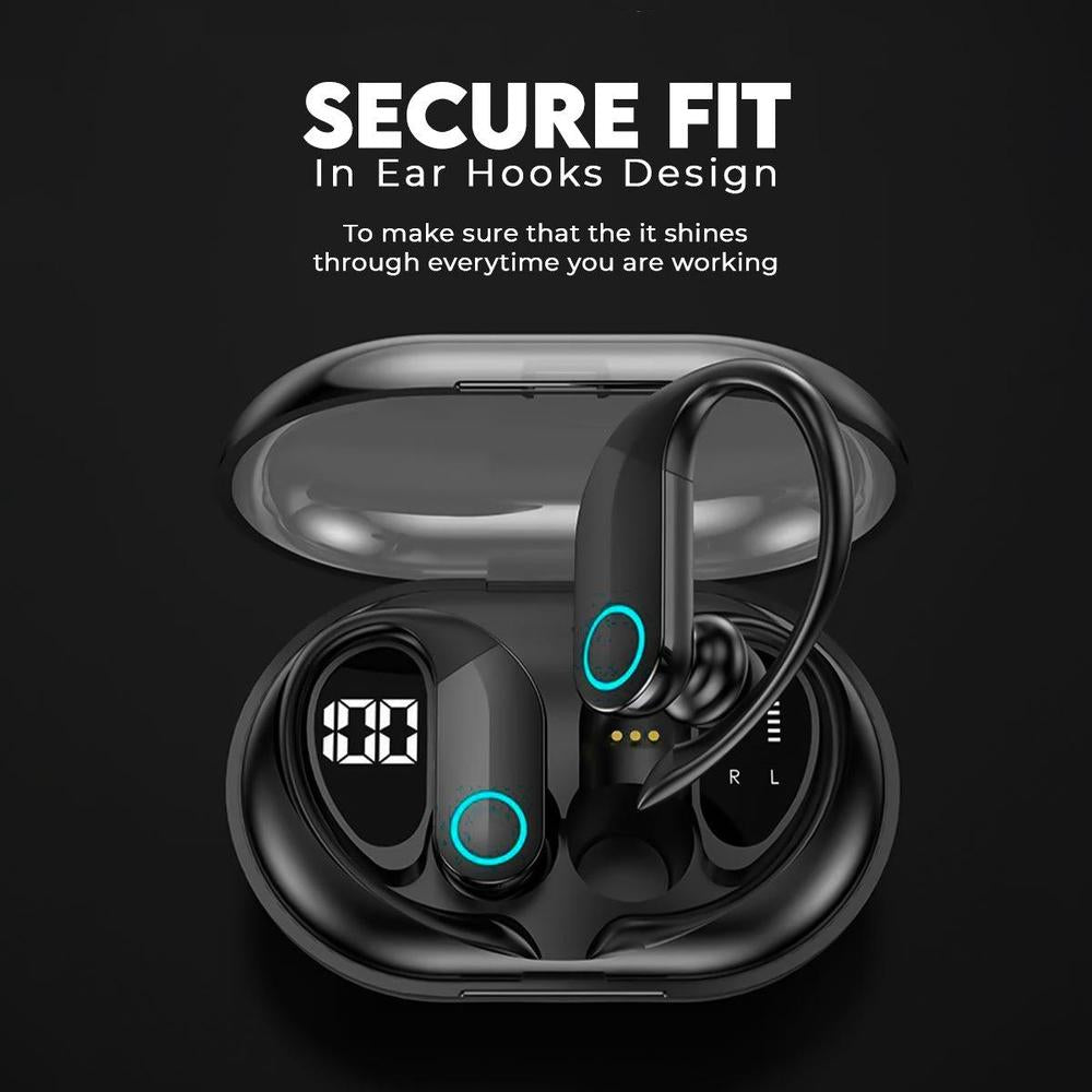 Wireless earbuds with charging case on a black background, emphasizing 'Secure Fit' design.