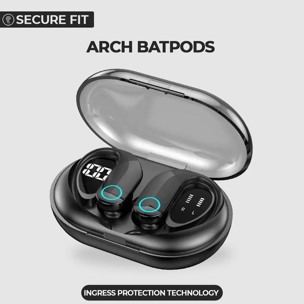 Black wireless earbuds in a clear case with 'Arch Batpods' branding on a light gray background.