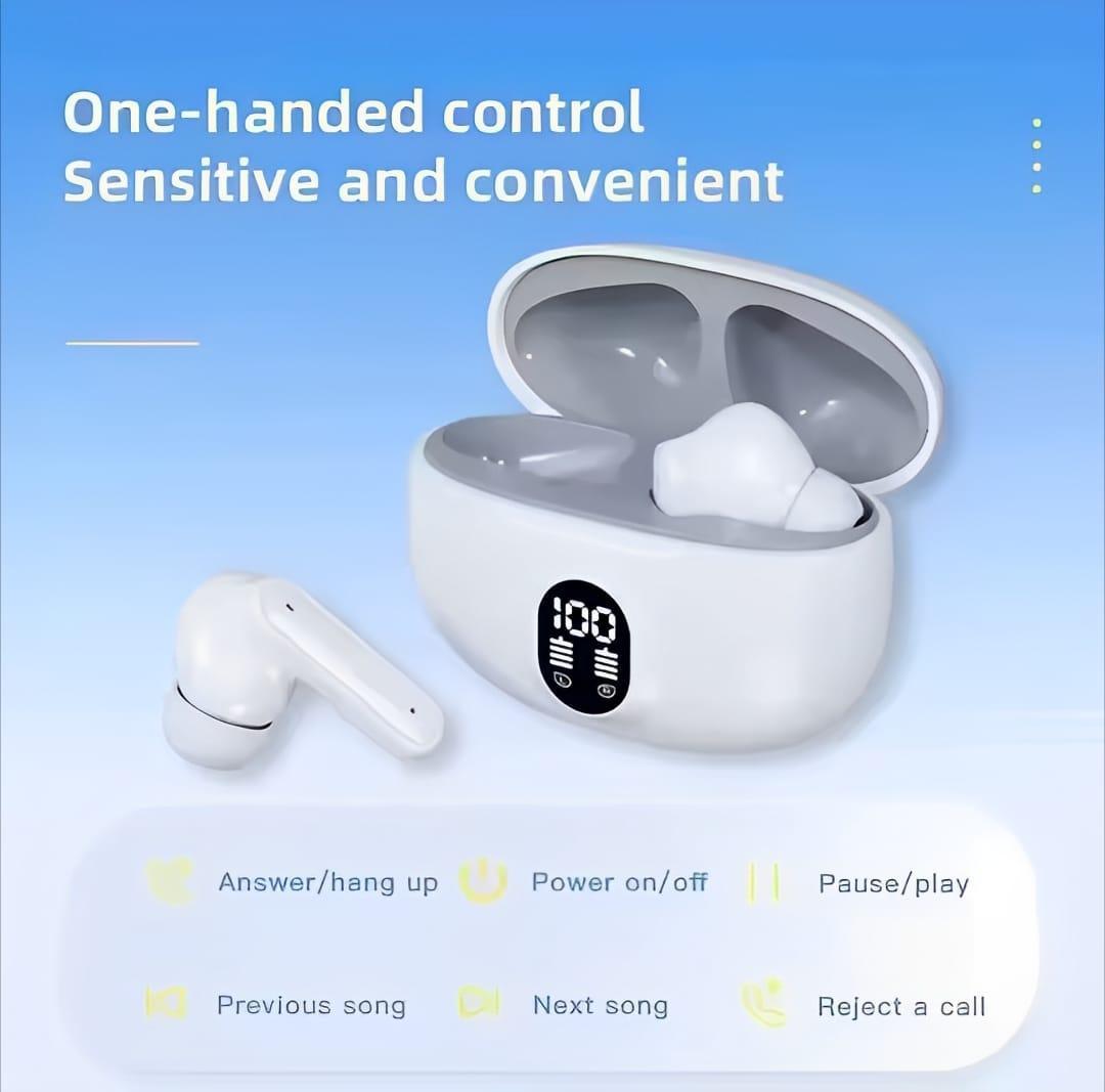 White wireless earbuds with charging case on a blue gradient background