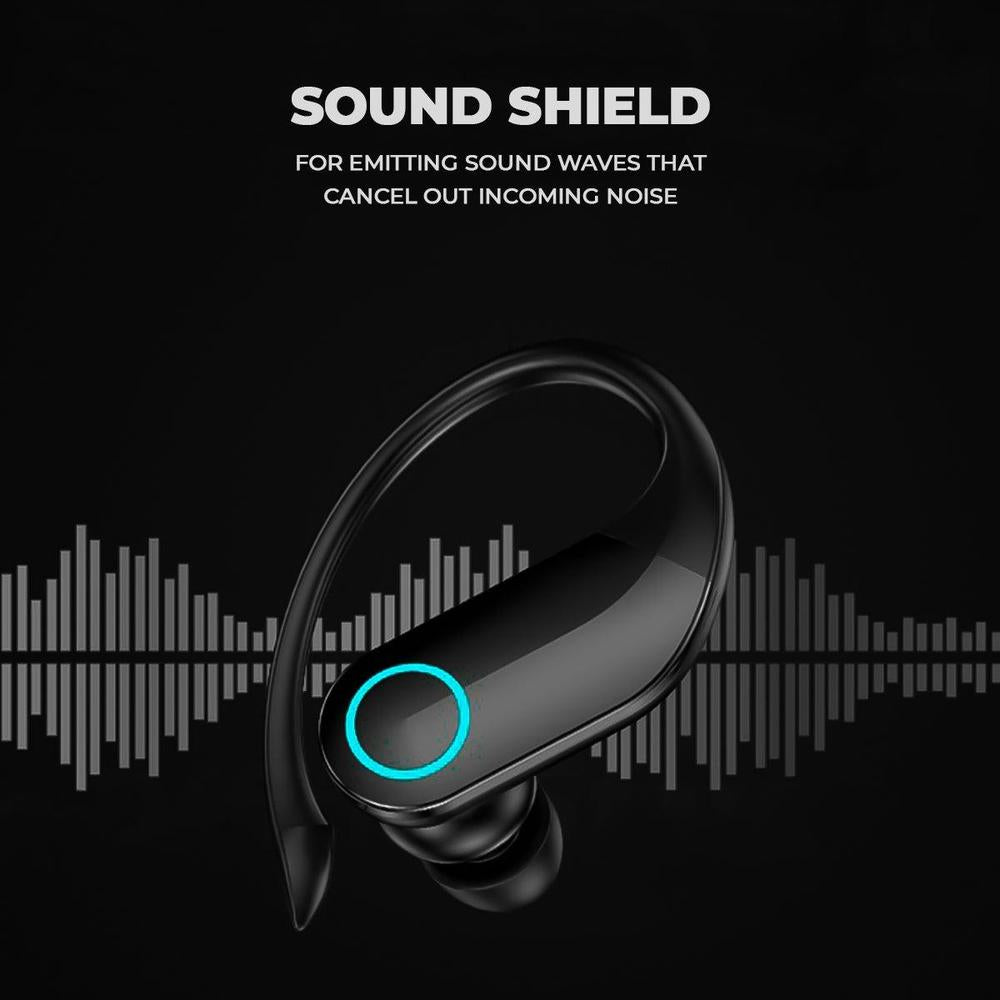 Black wireless earbud with sound waves on a black background, featuring 'Sound Shield' text.