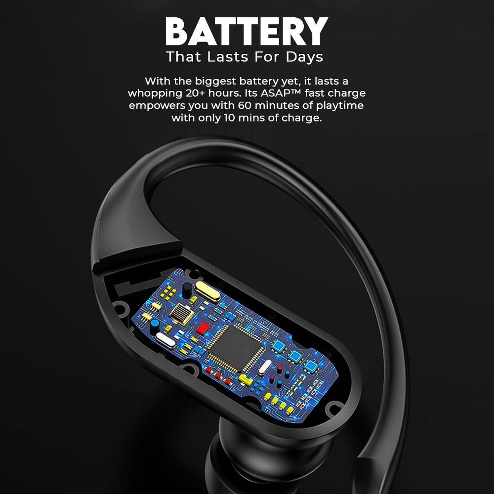 Close-up of wireless earbuds with visible circuit board on a black background, highlighting battery life feature.