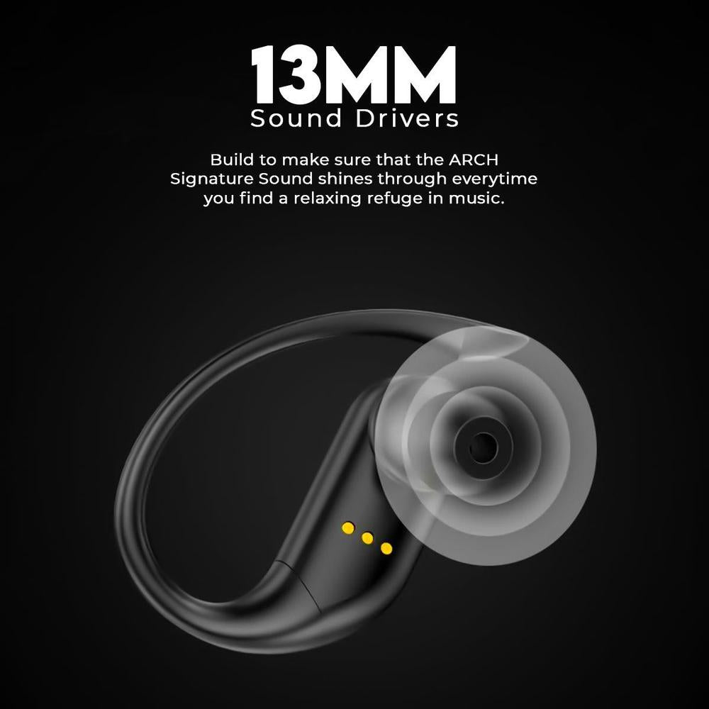 Close-up of earbud with '13MM Sound Drivers' text on a black.