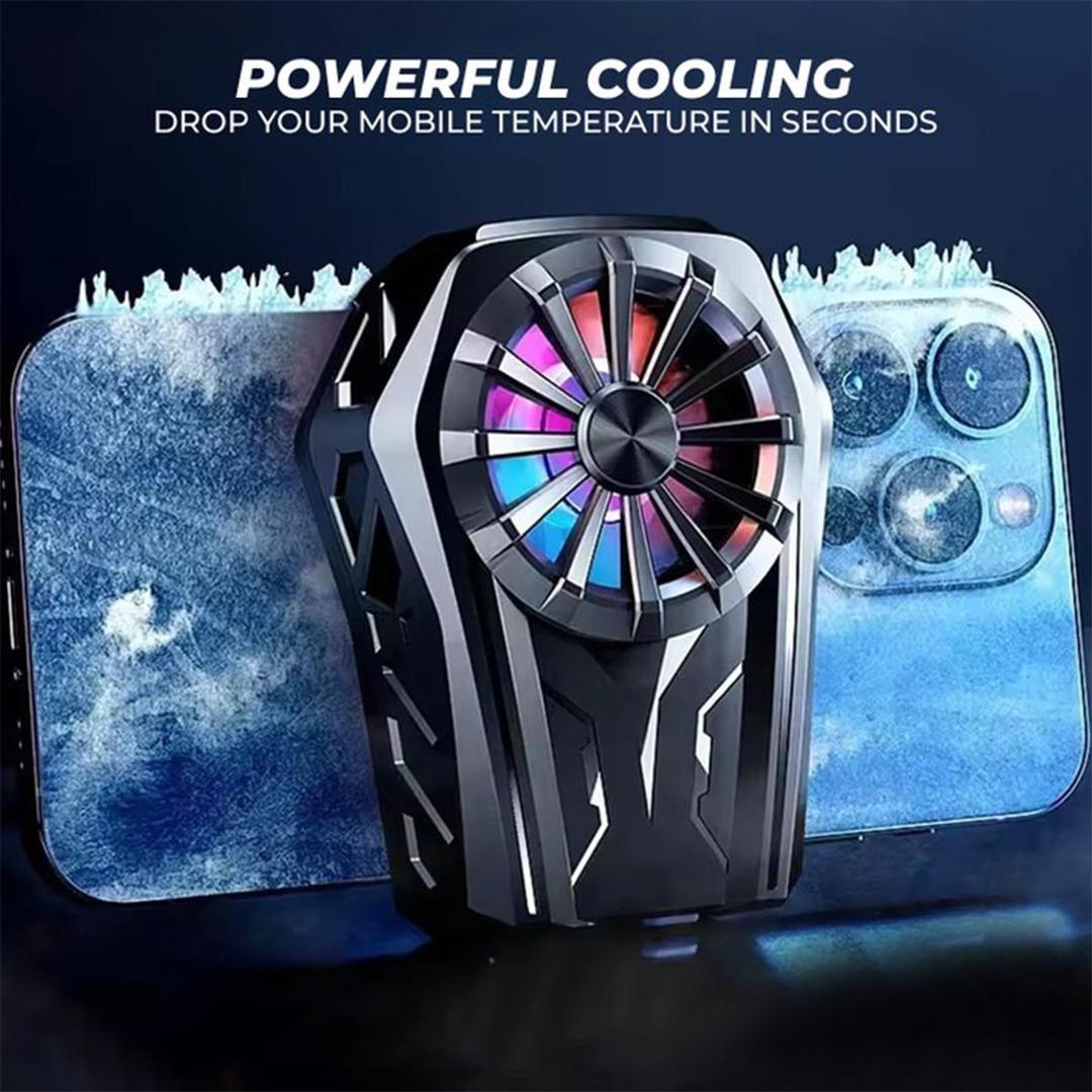 Phone cooler with colorful fan design on a dark background