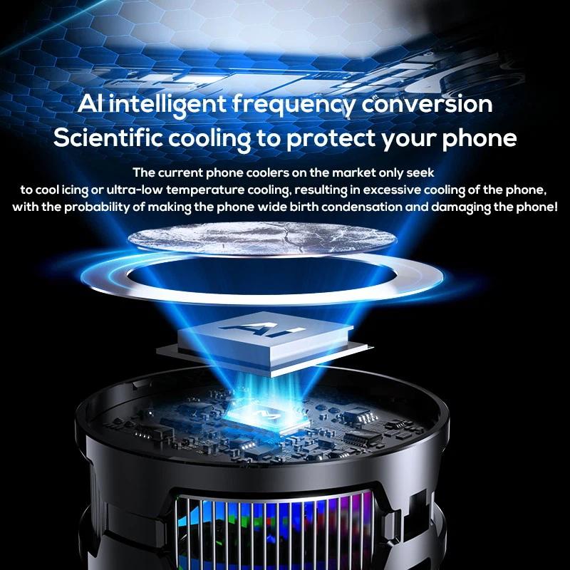 Phone cooling system with text about AI intelligent frequency conversion and scientific cooling. increace cooling speed according to your mobile usage. Best for Gaming PUBG,,