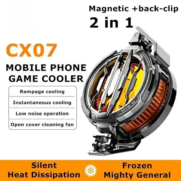 Mobile phone game cooler with features listed. Slient Heat Dissipation. Mobile Phone Gaming Cooler