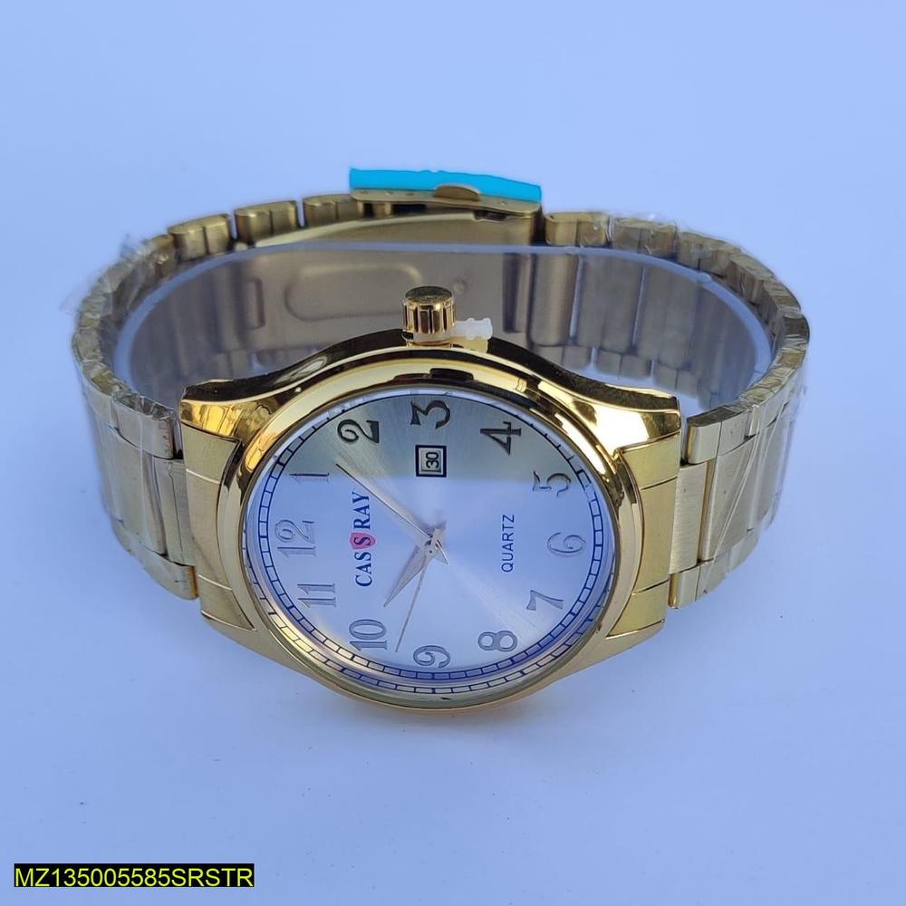 Gold wristwatch with a blue face on a light blue background