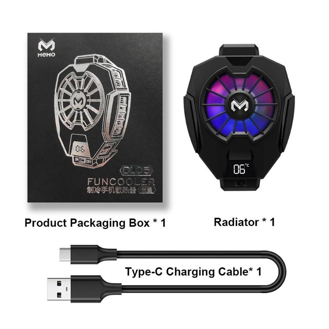 Product packaging box, radiator, and type-C charging cable on a white background