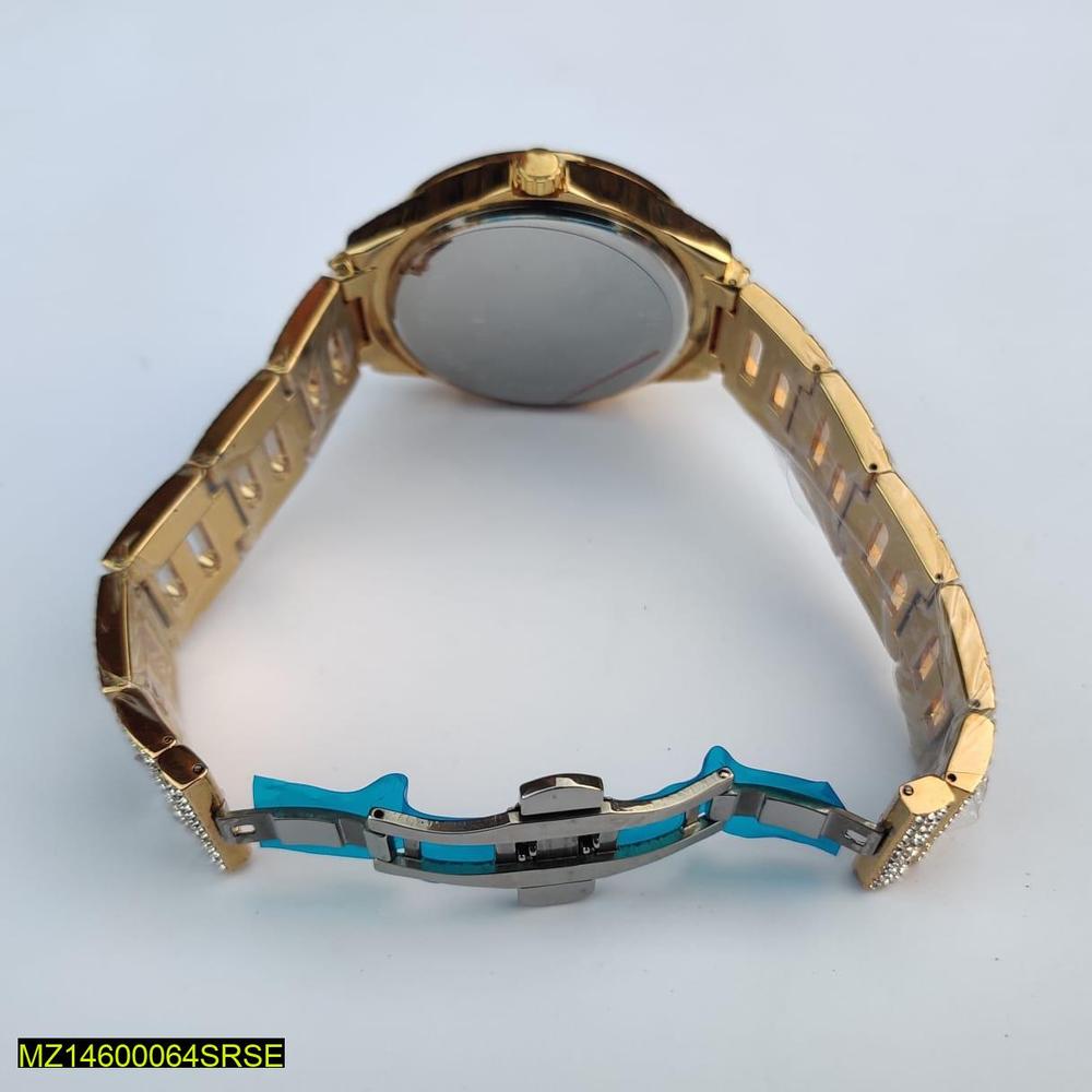 Gold watch with a blue accent on a light gray background