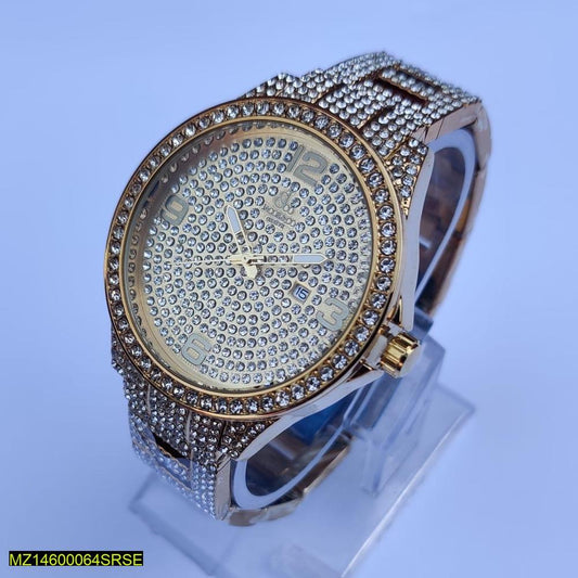 Luxury watch with diamond-studded face and band on a reflective surface