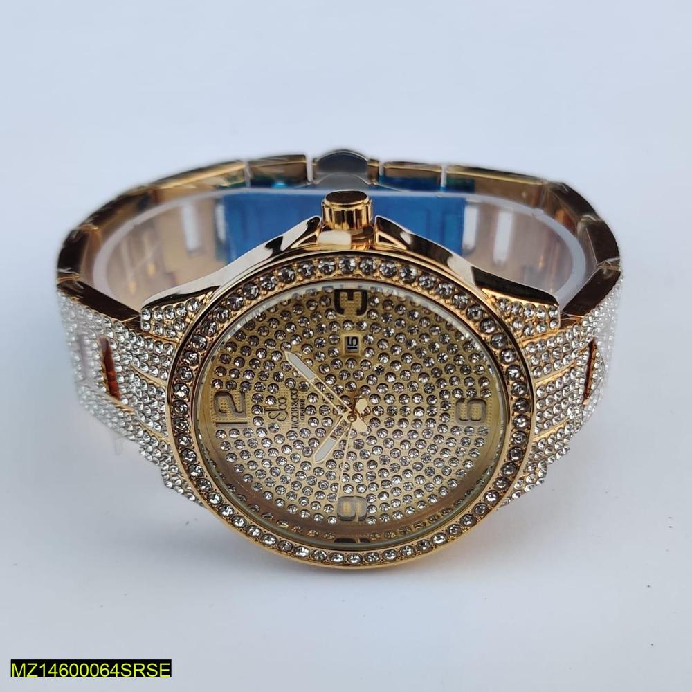 Gold wristwatch with diamond-studded face on a white background