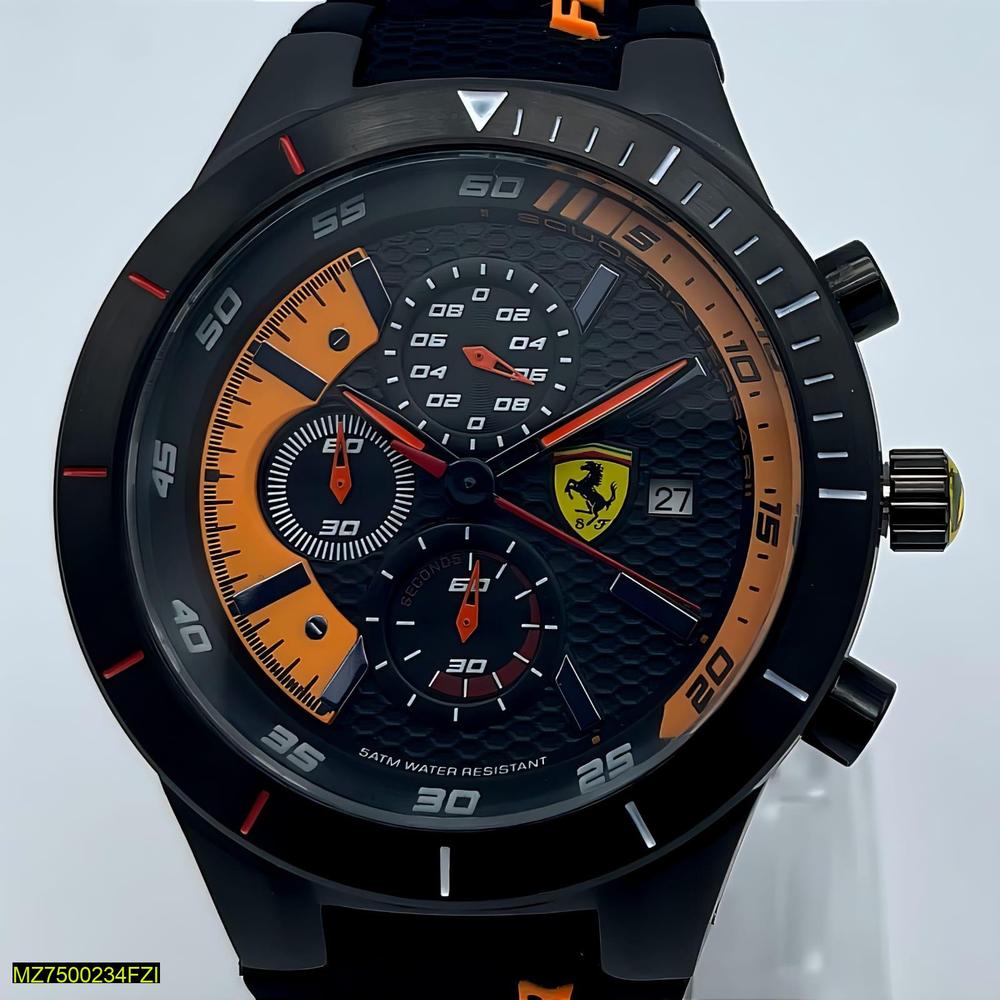 Luxury watch with Ferrari logo on a light gray background