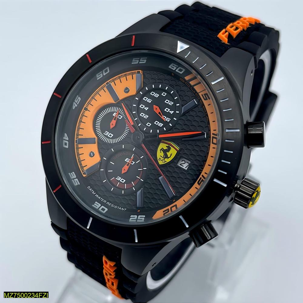 Wristwatch with black and orange strap on a light gray background