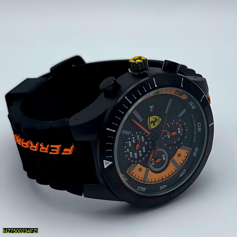 Black Ferrari watch with orange accents on a light gray background