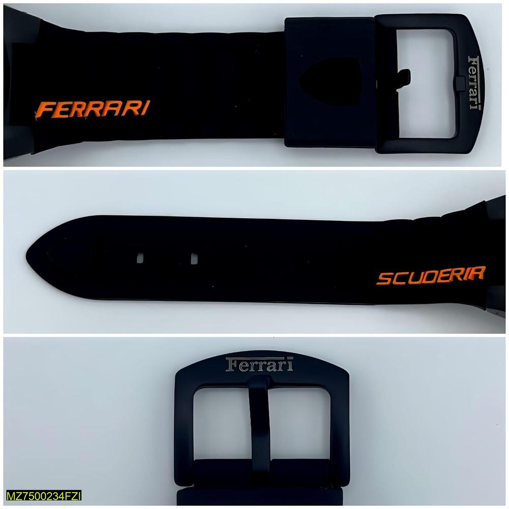 Black Ferrari watch strap with orange text on a white background