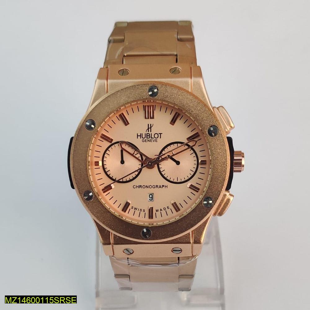 Rose gold Hublot watch on a clear stand with a light gray background