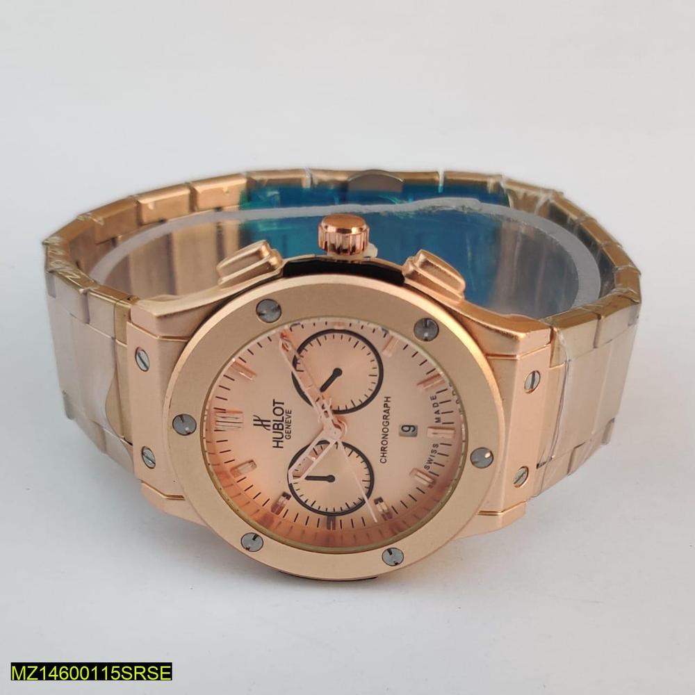 Rose gold Hublot watch on a light gray background