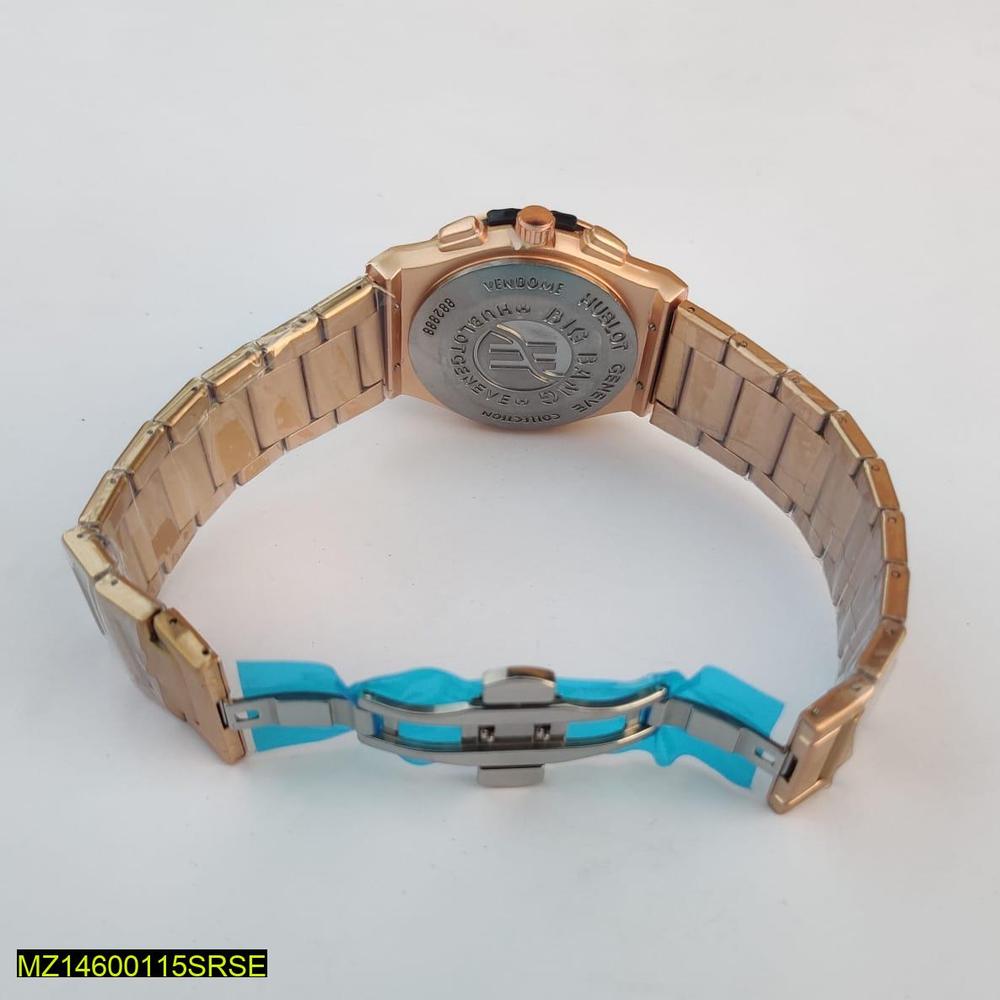 Rose gold watch with a blue strap on a white background