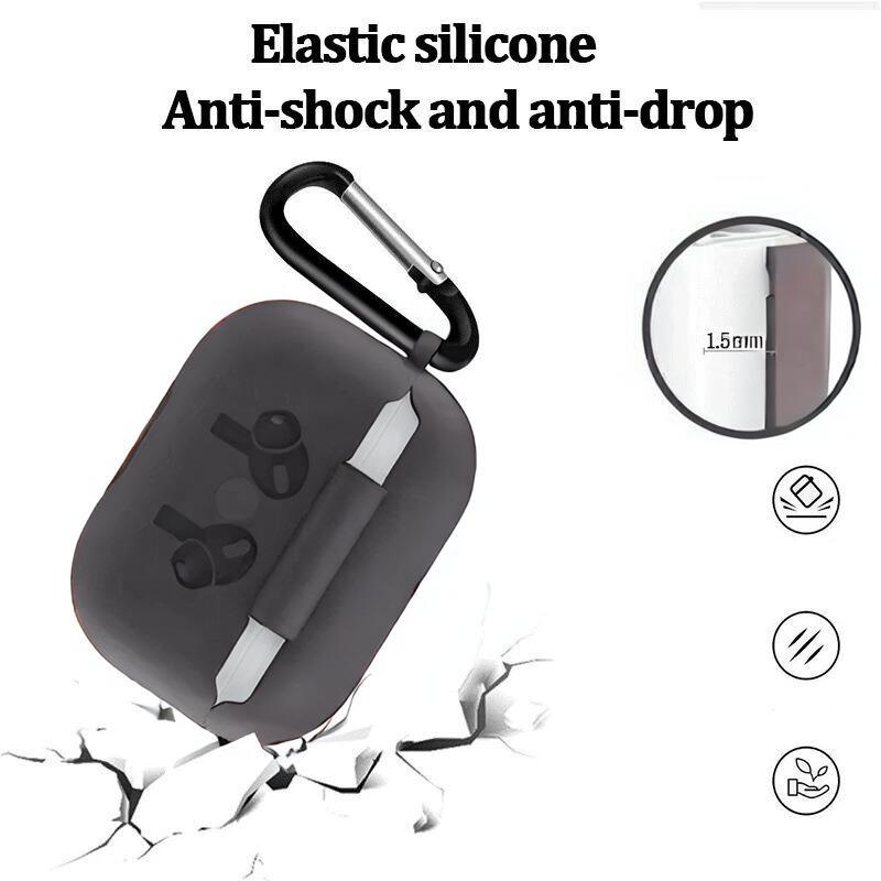 Black silicone case with carabiner for earbuds, showing anti-shock and anti-drop features.
