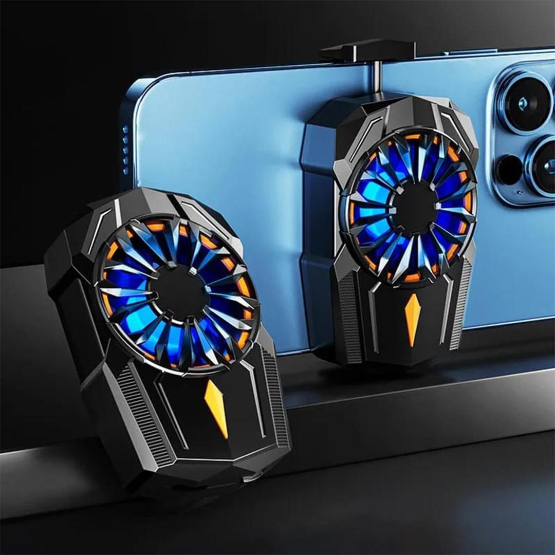 Phone with a cooling fan attachment on a dark background