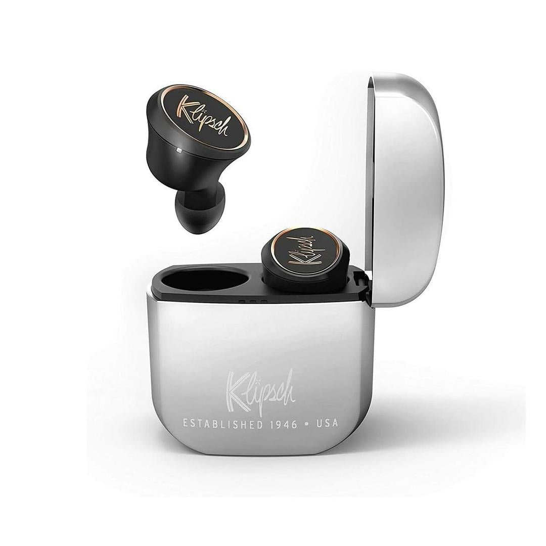 Klipsch wireless earbuds with charging case on a white background