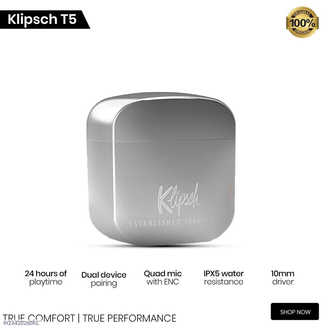 Silver electronic device with Klipsch branding. Best buds for Gamers. Hare the sound away from 100m. active noise cancellation during gaming.
