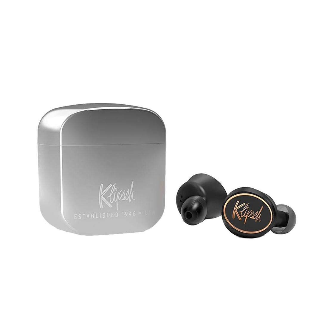 Black wireless earbuds with metallic case on a white background, featuring the Klipsch logo.