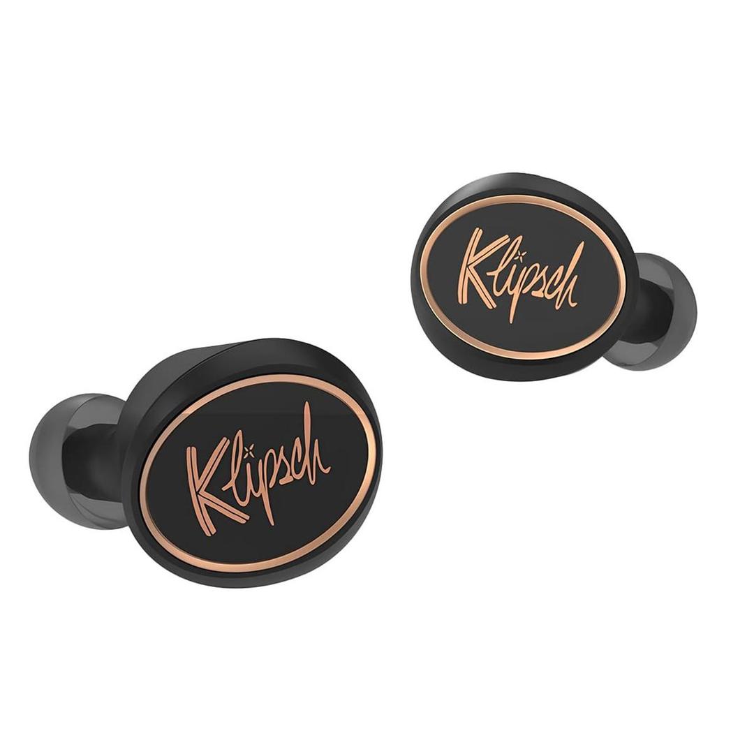 Black and rose gold Klipsch earbud tips. Touch control