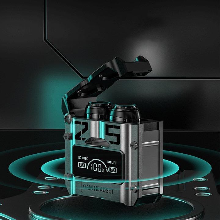 Electronic device with digital display on a reflective surface with teal glow