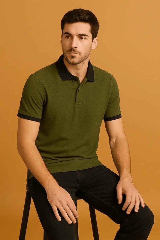 Men’s Olive Green Polo Shirt with Black Accents for Stylish Casual Wear EW-000460