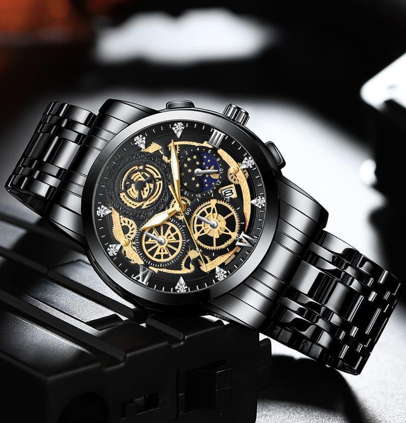 Black and gold mechanical watch with intricate design on a dark background